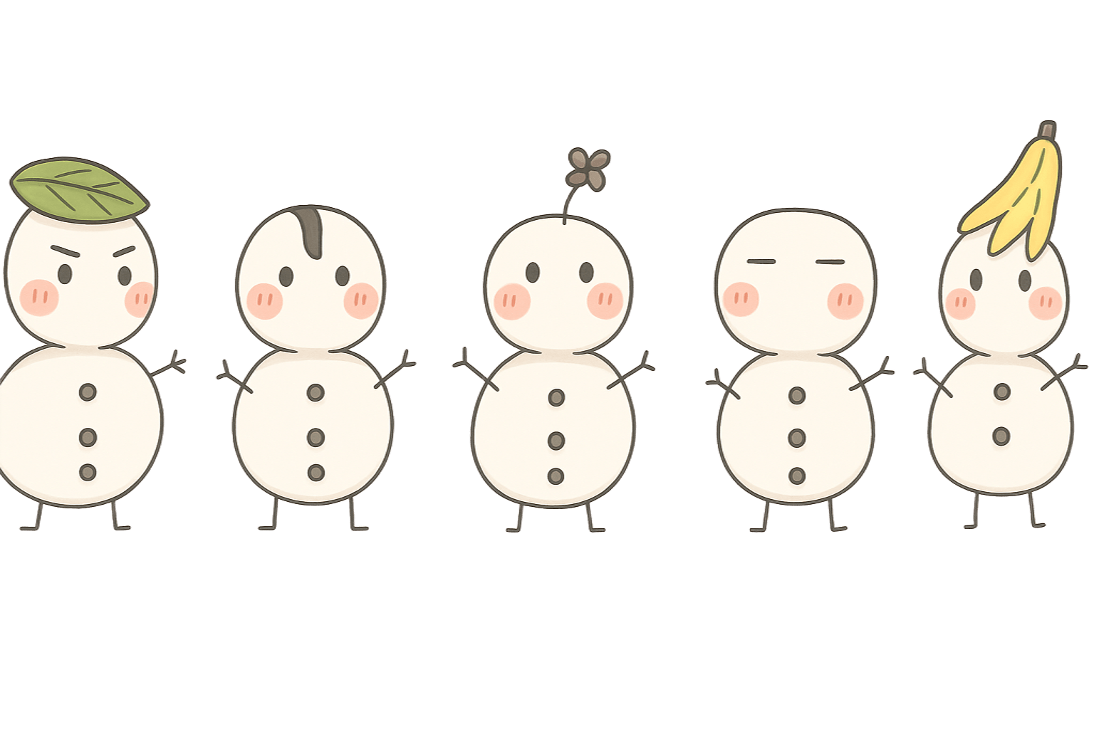 Five cute snowmen with different accessories
